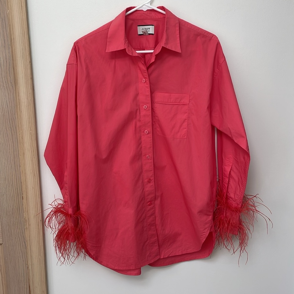 J. Crew Collection top Feather Cuff Trim Cotton Poplin Button Up Down Blouse - Picture 2 of 8
